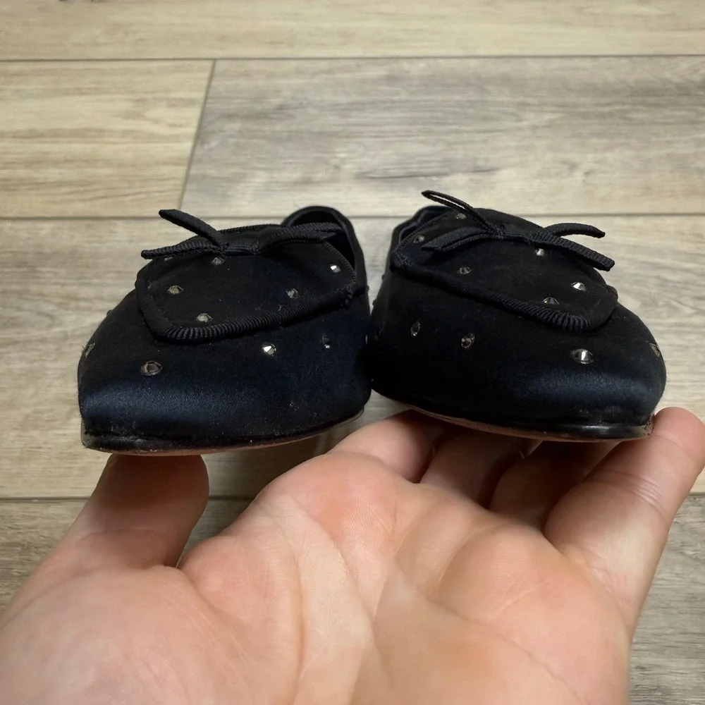 Polo Ralph Lauren‎ Black Satin Crystal Pointed Toe Bow Flats 6B Twee Luxury